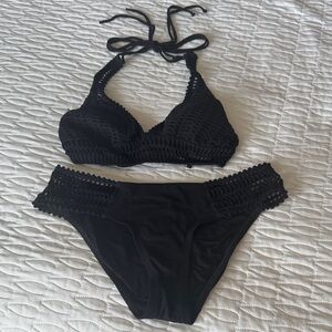 Robin Piccone Black Crochet Halter Bikini Set